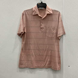 Mens Pink Striped Short Sleeve Collared Button Polo Shirt Size Medium