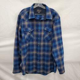 Pendleton MN's Blue & Gray Plaid Flannel Pearl Snap Button Long Sleeve Shirt Size XL