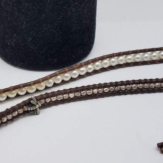 Chan Luu Sterling Silver Faux Pearl Leather Wrap 22"-35" Necklace Bracelet 2pcs image number 2