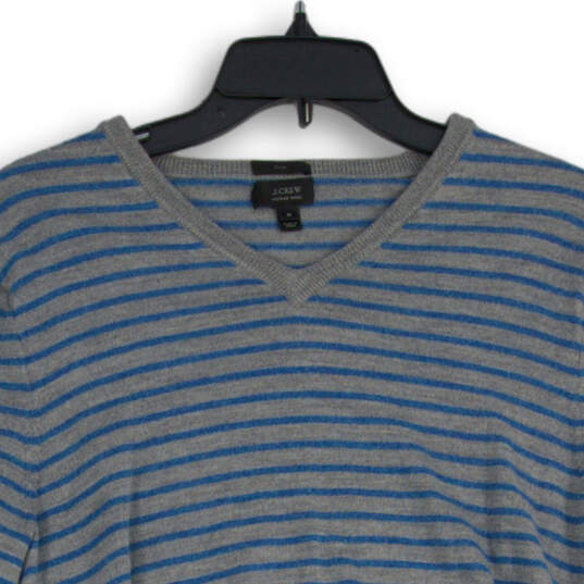Mens Gray Blue Striped Merino Wool V-Neck Long Sleeve Pullover Sweater Sz M image number 3