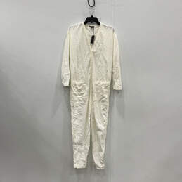 NWT Womens White Long Sleeve V-Neck Straight Leg One-Piece Jumpsuit Size 1