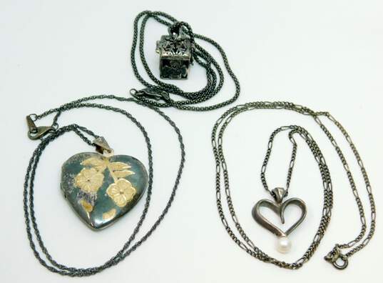 Romantic Oxidized 925 Sterling Silver Heart Locket & Prayer Box Pendant Necklaces 29.1g image number 1