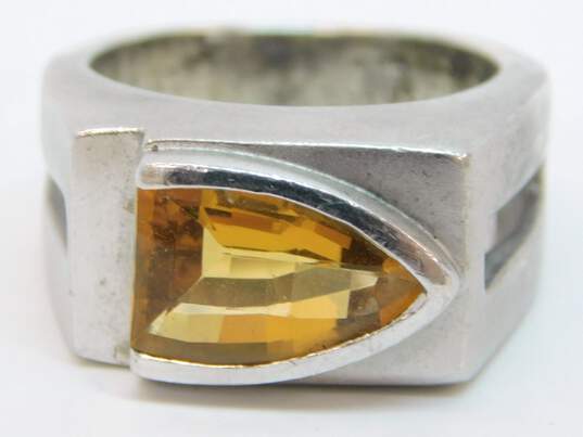 Artisan 925 Modernist Faceted Citrine Satin Textured Cut Outs Square Band Ring 12.9g image number 2