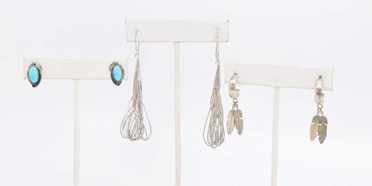 Silver Cloud Albuquerque & Artisan 925 Southwestern Turquoise Cabochon Feathers Semi Hoop & Liquid Silver Loop Drop Earrings Variety 11g image number 1