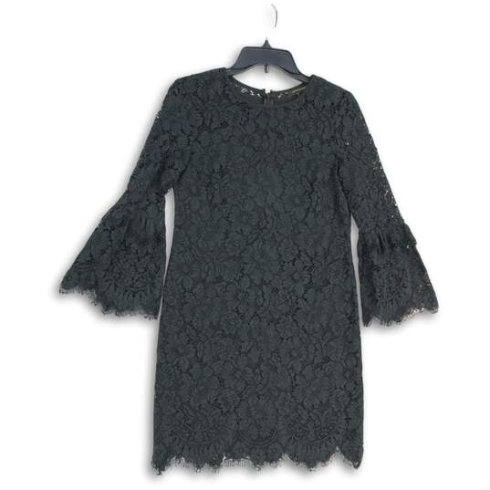 Womens Black Floral Lace Crew Neck Bell Sleeve Back Zip Mini Dress Size 0 image number 1