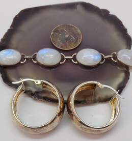 Artisan Sterling Silver Moonstone Cabochon Bracelet & Wide Hoop Earrings 22.7g alternative image
