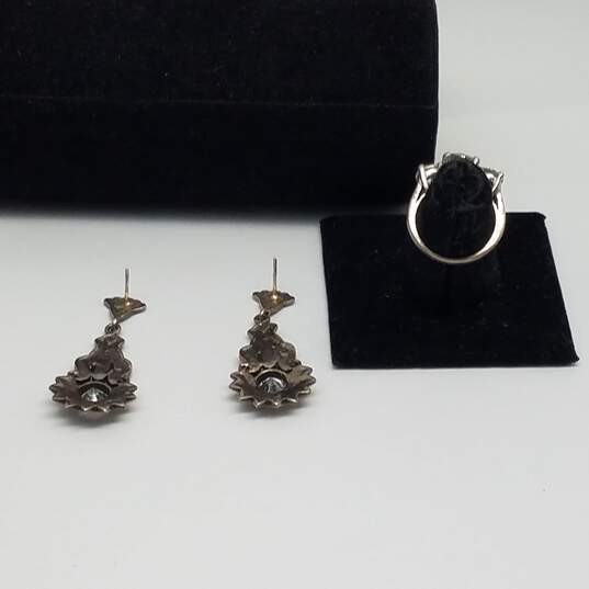 Sterling Silver Marcasite Onyx CZ Sz 6 Ring Dangle Earring Bundle 2pcs 15.1g image number 4