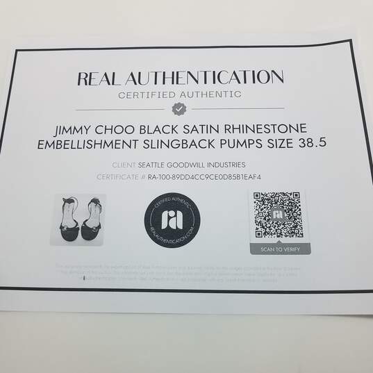 AUTHENTICATED Jimmy Choo Black Satin Rhinestone Slingback Pumps Size 38.5 image number 7