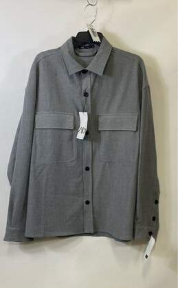 NWT Zara Mens Gray Long Sleeve Point Collar Chest Pockets Button-Up Shirt Size L