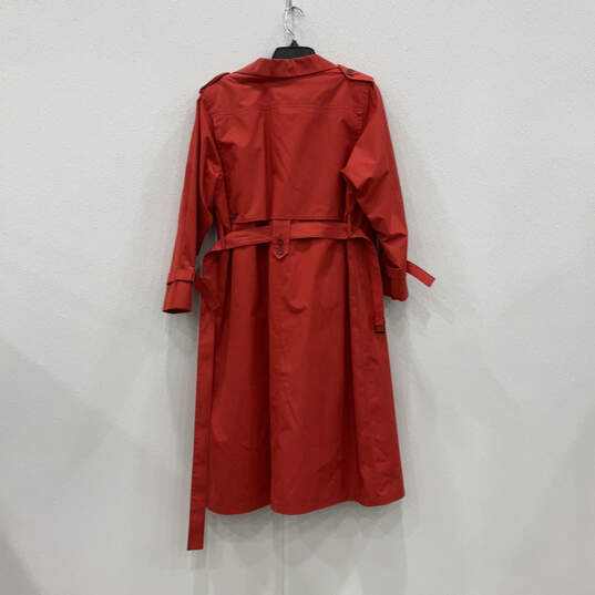 Womens Red Notch Lapel Long Sleeve Belted Button Up Trench Coat image number 2