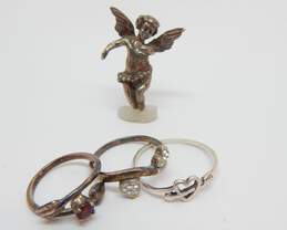 Sterling Silver Cupid Angel Pendant & Garnet Heart Arrow Rings 9.9g