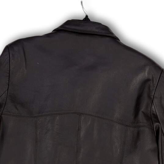 Mens Black Leather Long Sleeve Pockets Full-Zip Motorcycle Jacket Size XL image number 3