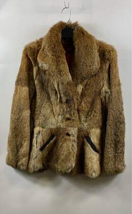 Womens Brown Collared Button Pockets Long Sleeve Fur Coat Size 11/12