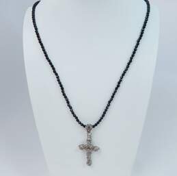 Sarda 925 Scrolled Granulated Cross Pendant Black Glass Beaded Necklace