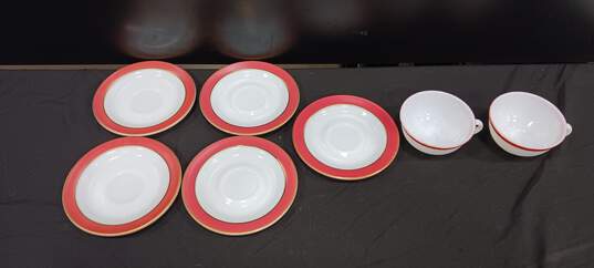 Vintage Bundle of 5 Pyrex White and Red Glass Saucers w/2 Matching Tea Cups image number 2