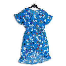 Womens Blue Floral Surplice Neck Short Sleeve A-Line Dress Size Large