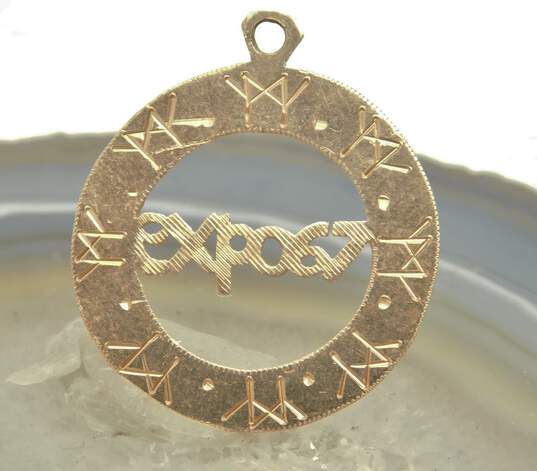 Vintage 13K Gold Etched Expo 67 Personalized Open Circle Pendant Charm 1.8g image number 1