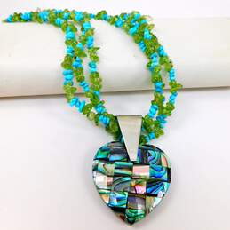 Desert Rose Trading DTR 925 Abalone Heart Pendant Turquoise Peridot Bead Multi Strand Necklace 77.1g