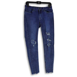 Womens Blue Denim Distressed Raw Hem 5-Pocket Design Skinny Leg Jeans Sz 29