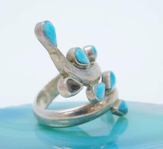 DDD Dominique Dinouart Mexico 925 Southwestern Turquoise Inlay Leaves Bypass Ring 9.4g image number 2