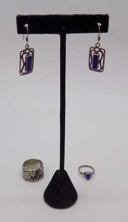 Artisan 925 Blue Faux Stone Inlay Rectangle Drop Earrings & Lapis Cabochon & Abstract Wide Band Rings 13.5g