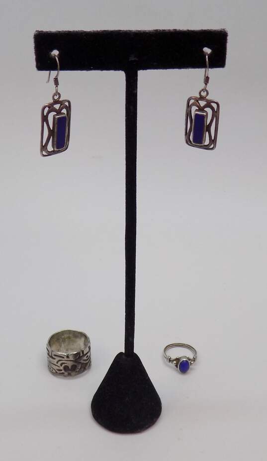 Artisan 925 Blue Faux Stone Inlay Rectangle Drop Earrings & Lapis Cabochon & Abstract Wide Band Rings 13.5g image number 1
