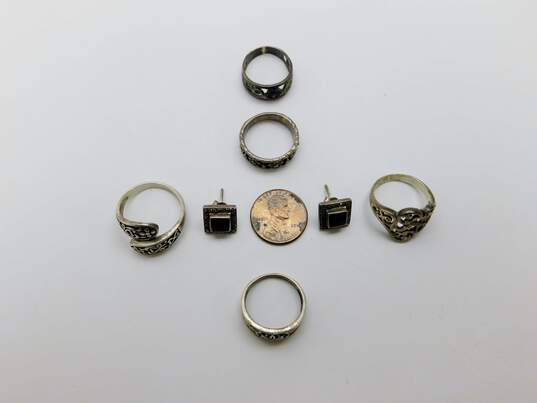 Romantic 925 Sterling Silver Onyx & Marcasite Stud Earrings & Variety Floral Motif Rings 20.1g image number 10