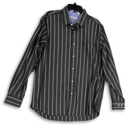 Mens Black White Striped Long Sleeve Collared Fit Button-Up Shirt Size L