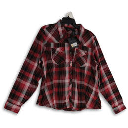 NWT Womens Red Plaid Spread Collar Long Sleeve Button-Up Shirt Size 1W
