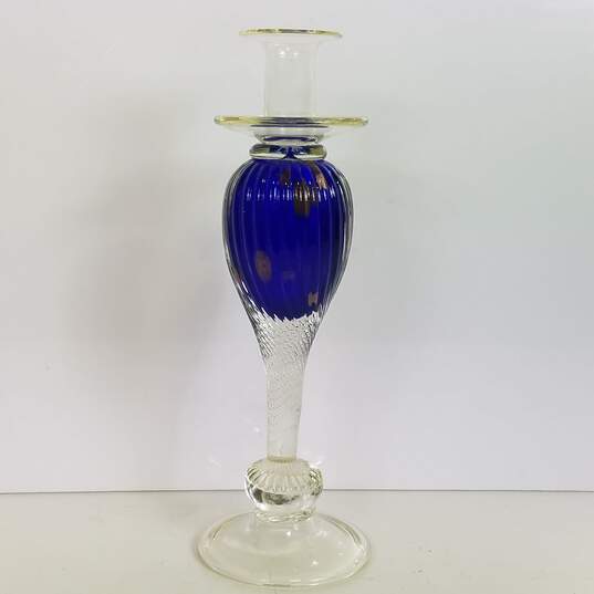 Murano Candle Stick / Blown Art Glass / Cobalt Blue w/ Gold Accents image number 5