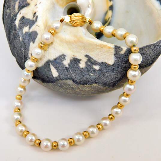 14K Yellow Gold Pearl & Gold Braded Bracelet 5.8g image number 1
