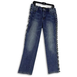 Womens Blue Denim Beaded Side Criss Cross Pockets Straight Leg Jeans Sz 15