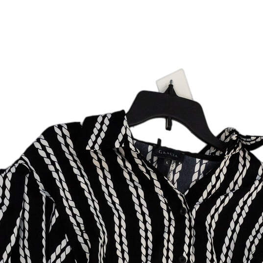 Womens Black White Braid Print 3/4 Sleeve Collared Button-Up Shirt Size L image number 3