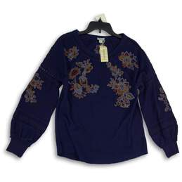 NWT Sundance Womens Navy Blue Embroidered Balloon Long Sleeve Blouse Top Size S