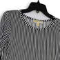 Womens Black White Striped Round Neck Long Sleeve Pullover Blouse Top Sz M image number 4