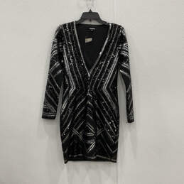 NWT Womens Black Geometric Sequin Long Sleeve V-Neck Bodycon Dress Size M