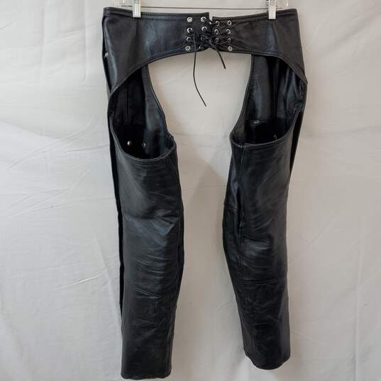 First Class Leather Gear Black Motorcycle Chaps Men's M image number 2