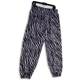 Womens Purple Black Zebra Print Drawstring Elastic Waist Jogger Pants Sz M