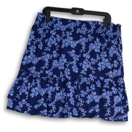 Womens Navy Blue White Floral Layered Elastic Waist Pull-On A-Line Skirt Size L