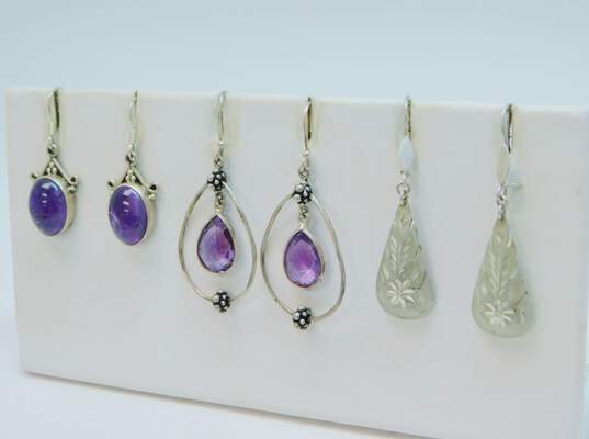 Variety 925 Sterling Silver Amethyst & Floral Etched Drop Earrings 16.9g image number 2