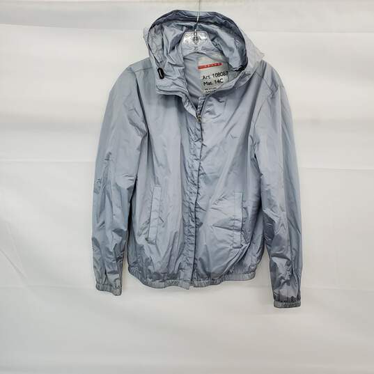 Women's Prada Art 108087 Silver Nylon Full Zip Hooded Jacket Size P image number 1