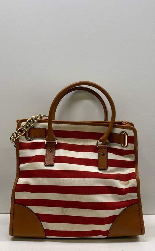 Michael Kors Hamilton Red Striped Padlock Canvas Leather Shoulder Tote Bag image number 2