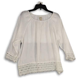 Womens White Crochet 3/4 Sleeve Round Neck Pullover Blouse Top Size Large