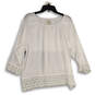 Womens White Crochet 3/4 Sleeve Round Neck Pullover Blouse Top Size Large image number 1