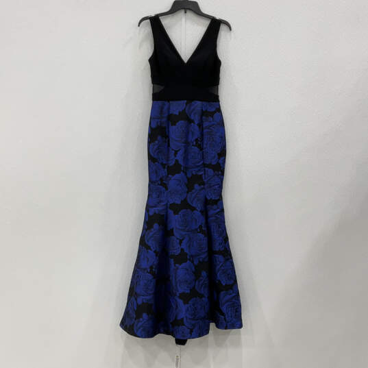 Womens Black Blue Floral Sleeveless V-Neck Back Zip Mermaid Dress Size 4 image number 1