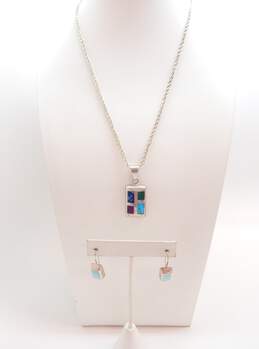 Artisan Mexico 925 Chunky Faux Stones Inlay Rectangle Pendant Twisted Chain Necklace & Faux Turquoise Drop Earrings 26.9g