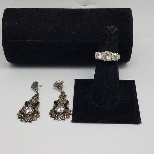 Sterling Silver Marcasite Onyx CZ Sz 6 Ring Dangle Earring Bundle 2pcs 15.1g image number 1