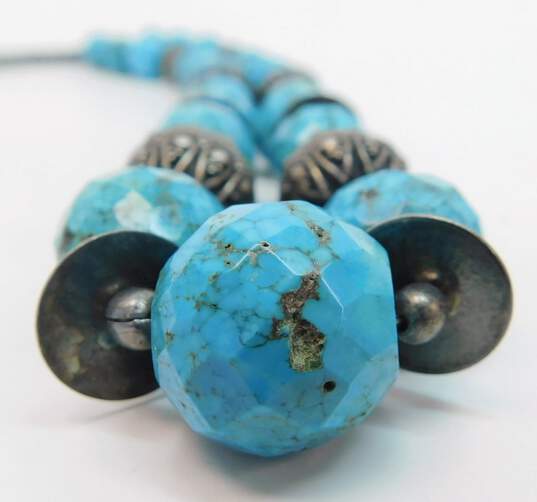 Artisan 925 Faceted Faux Turquoise & Bali Ball & Disc Graduated Beaded Statement Necklace 89.2g image number 2
