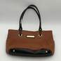 Calvin Klein Womens Black Brown Leather Bottom Stud Double Strap Tote Handbag image number 1