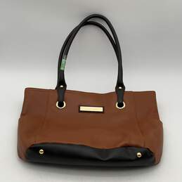 Calvin Klein Womens Black Brown Leather Bottom Stud Double Strap Tote Handbag